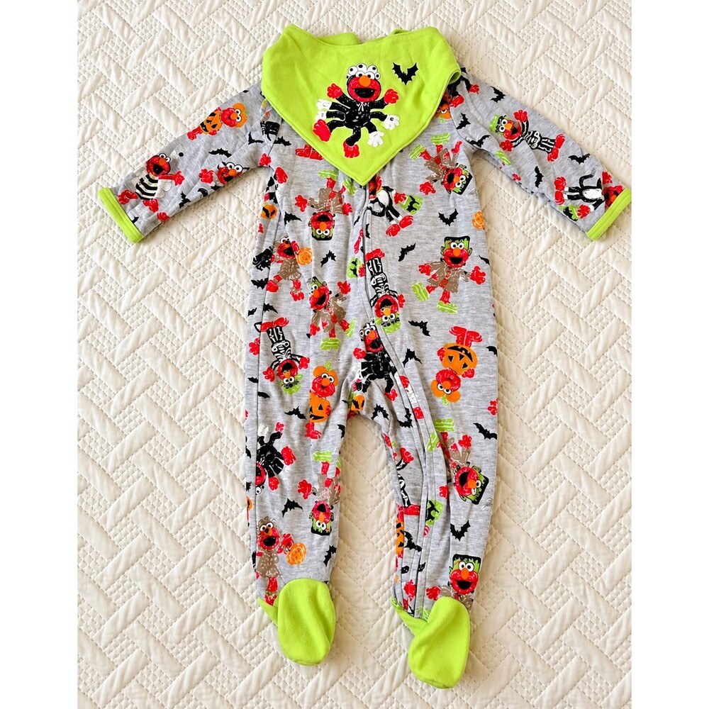 Vintage Sesame Street Elmo Halloween Footed Sleep Pajamas Bib 6-9M Sleeper
